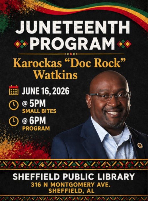 white letters on dark background, JUNETEENTH PROGRAM, orange lettering Karockas 